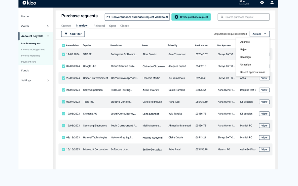 Purchase requests — approver's queue view