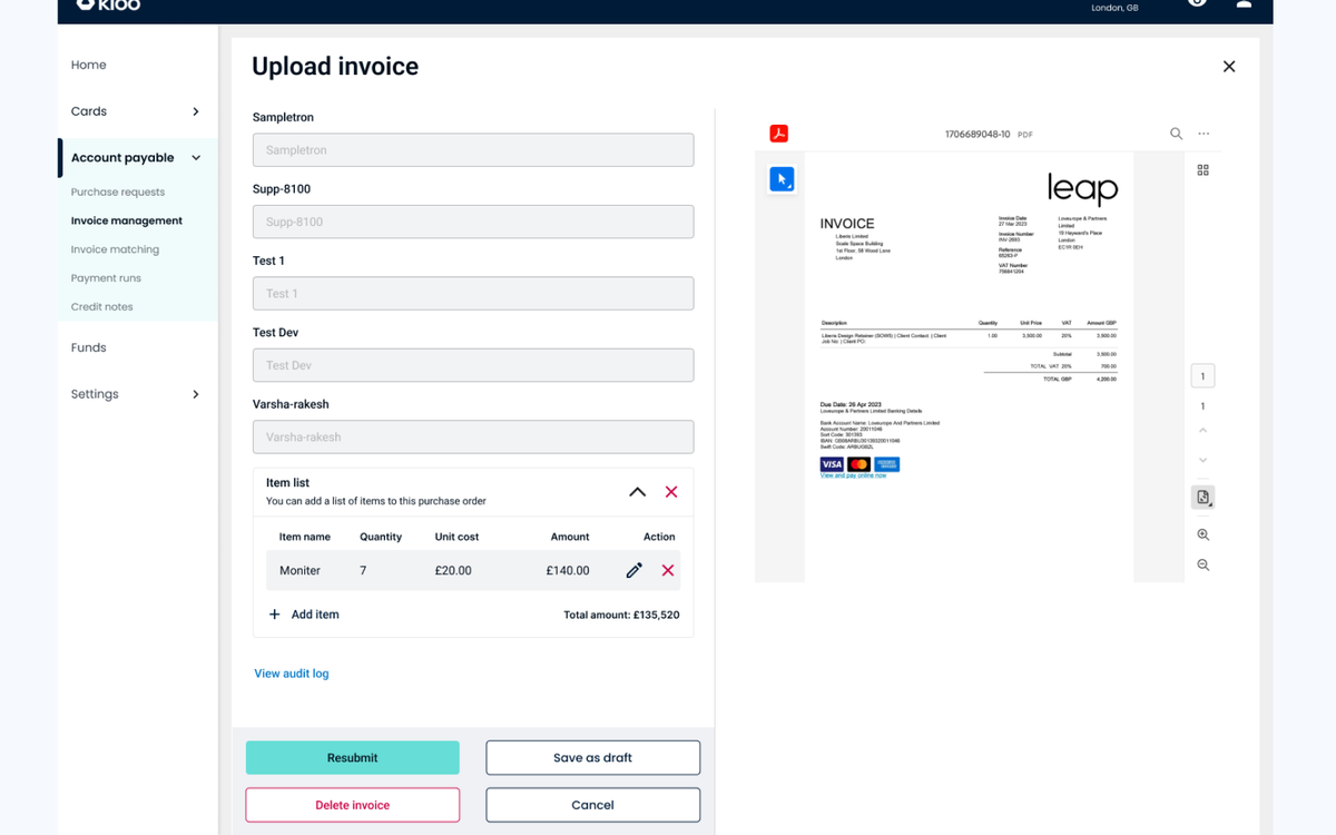 Upload invoice — line items & approval actions