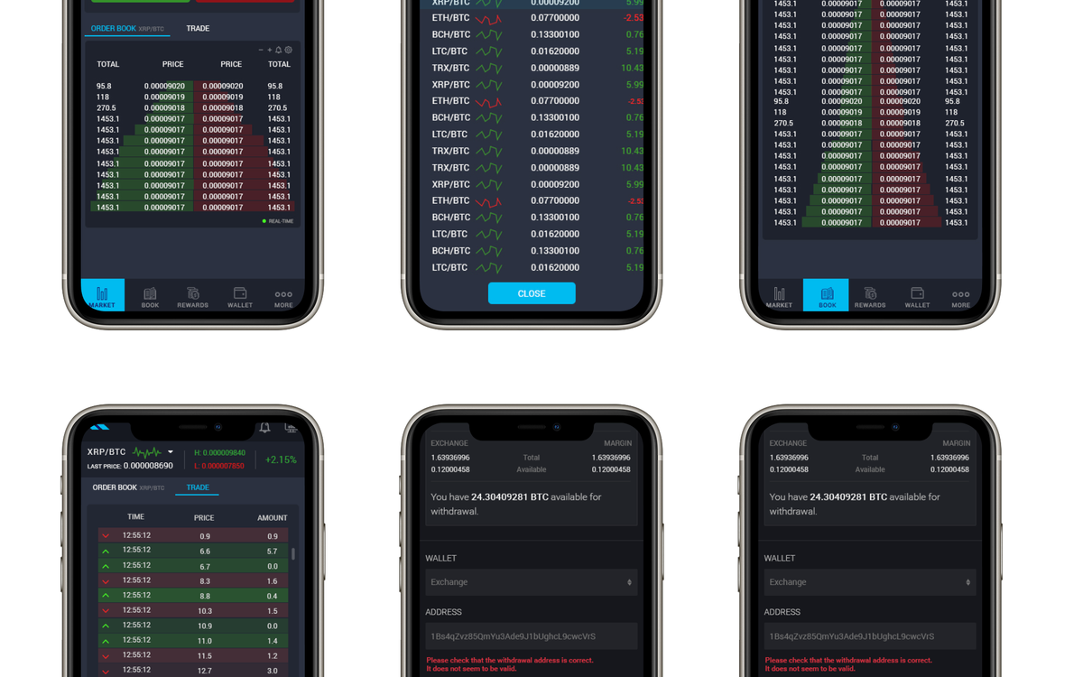 Mobile app — trading, order book & withdrawal flow